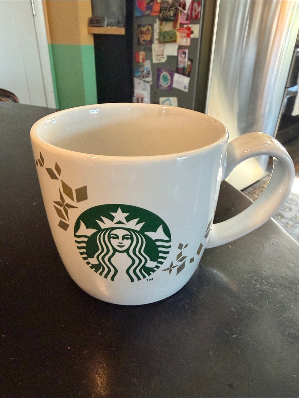 Starbucks White Mug with Green Logo and Gold Geometric Accents